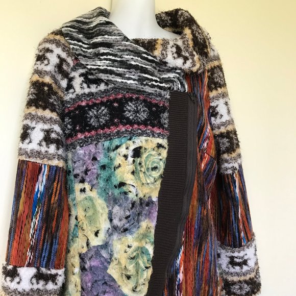 Elena Wang Colorful Textured Patchwork Zip Up Cardigan Jacket Top NWOT - Picture 2 of 10